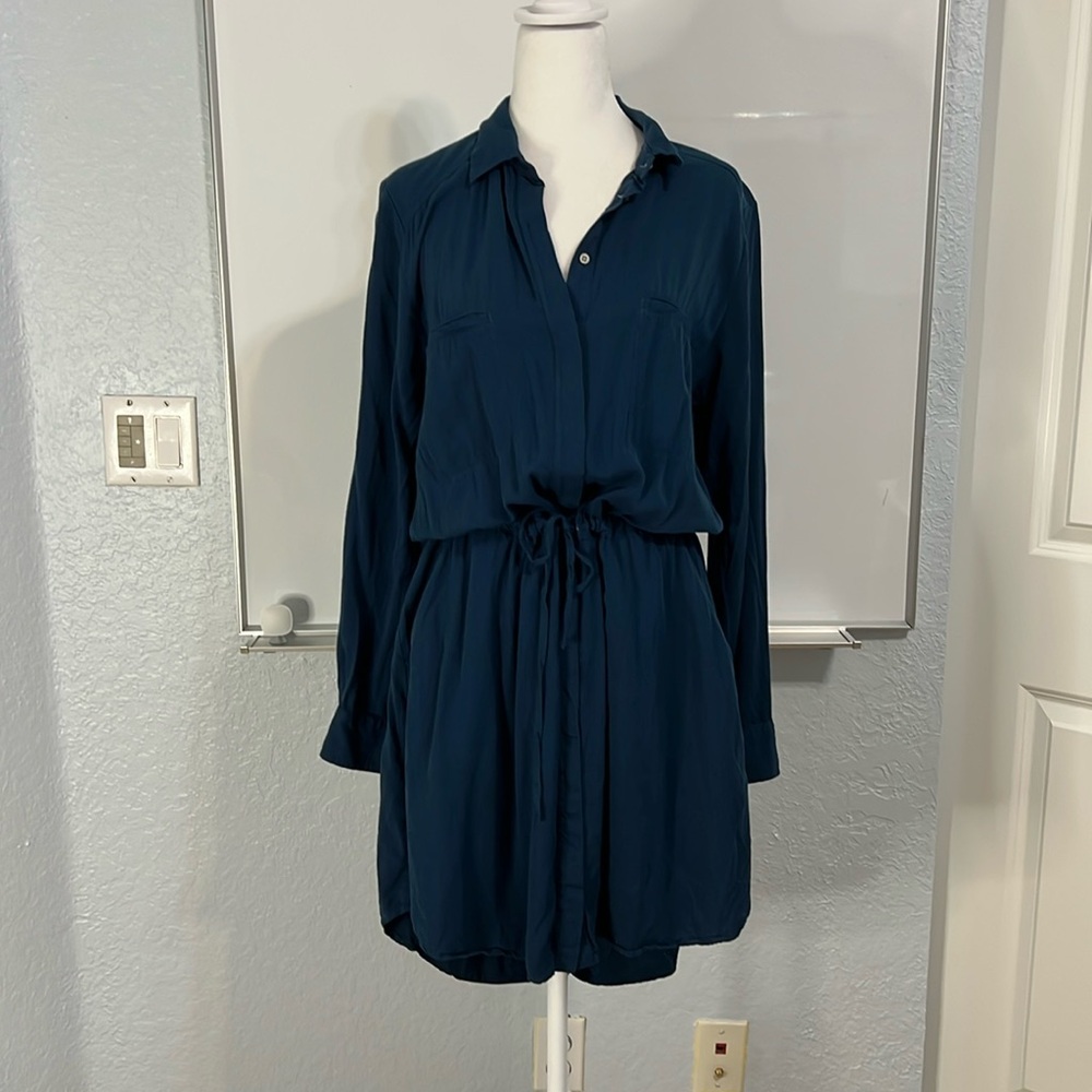 Lou & Grey Blue Shirt Dress Long Sleeve Cinch Waist Large with Pockets